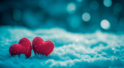 Obraz premium Poster or banner of two hearts sitting on the snow covered ground under light. Vibe of Valentine day and romantic