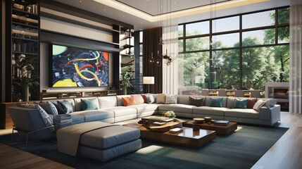 Fototapeta premium Futuristic contemporary living room, tech, technology design, interior, room, furniture, home, tv, living, design, sofa, table, office, apartment, television, house, luxury, wall, 3d, window, chair