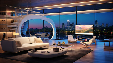 Fototapeta premium Futuristic contemporary living room, tech, technology design, interior, room, furniture, home, tv, living, design, sofa, table, office, apartment, television, house, luxury, wall, 3d, window, chair