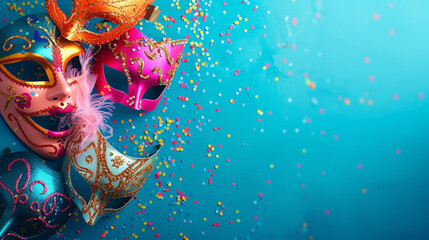 Colorful carnival masks arranged artistically with confetti floating in the air, composing a visually stunning and dynamic layout for text