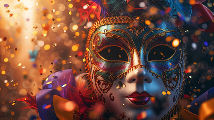 Colorful carnival masks arranged artistically with confetti floating in the air, composing a visually stunning and dynamic layout for text