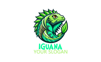 Vintage Iguana Logo: Hand-Drawn Illustration with Green Leaves - Retro Lizard Physician Emblem, Vector Graphic of Colorful Herbivorous Reptile for Vintage Logo Design