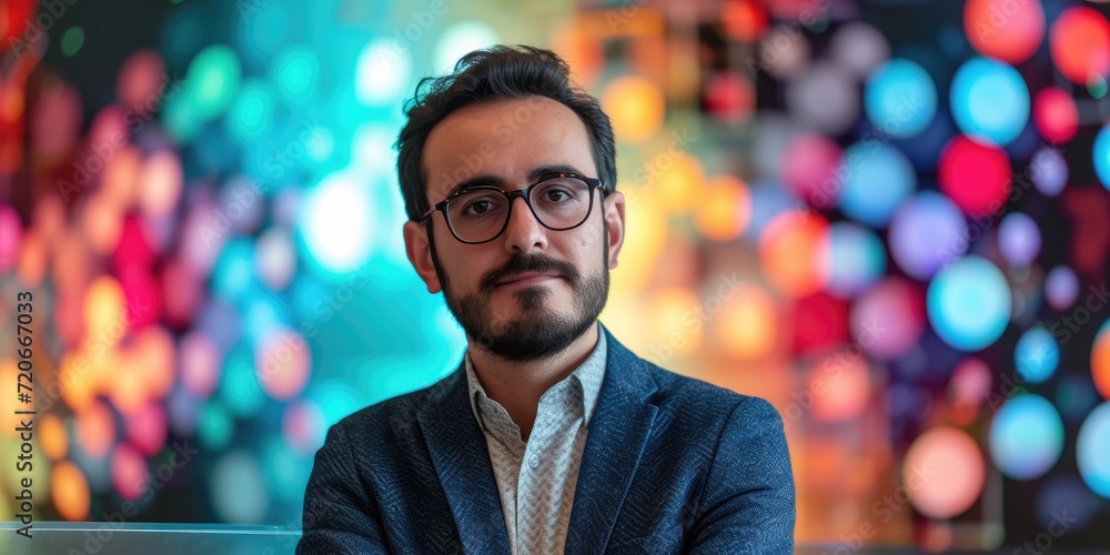 Poster e-commerce person with a colorful backdrop of digital marketing and ai graphics