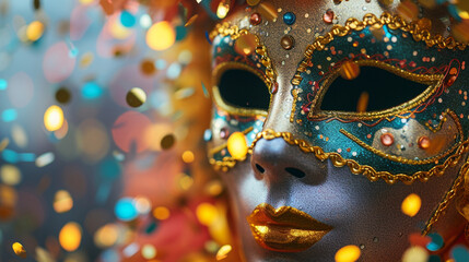 Close-up of a carnival mask with confetti accents, offering a dynamic and detailed shot suitable for impactful text placement