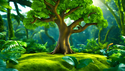 3d illustration of an amazing old tree, gaming background, green forest in the jungle  - obrazy, fototapety, plakaty