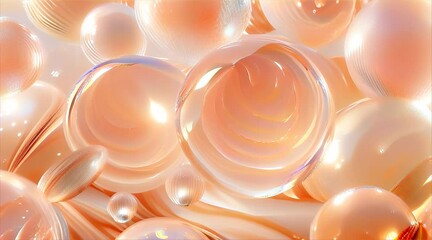 abstract 3d pastel peach color flying blobs, curvy shapes, shapes have different texture, glowing