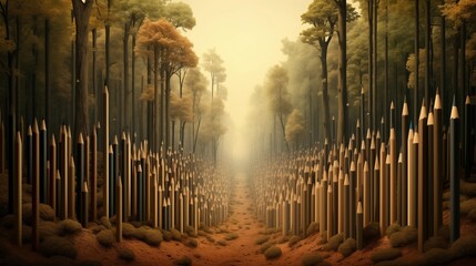 Mystical Forest Path with Giant Pencil Trees