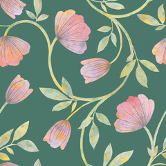 Fototapeta premium Seamless botanical pattern. Abstract flower with leaves drawn in watercolor on a green background for wrapping paper, wallpaper, textiles.
