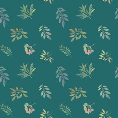 delicate watercolor leaves, seamless pattern on a green background