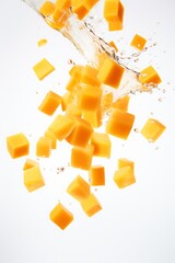 Fototapeta na wymiar flying juicy mango cubes on a white background. pieces of ripe tropical fruit and a splash of liquid.