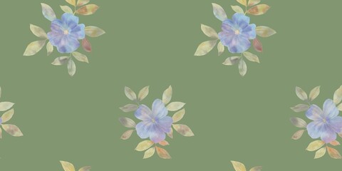 digitally painted watercolor flowers, botanical seamless pattern for design, green background