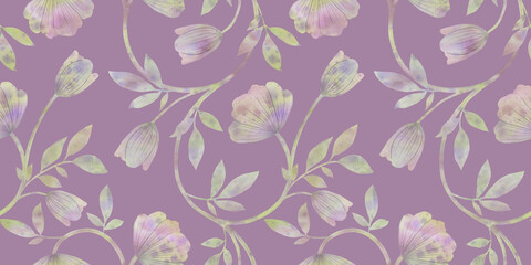 seamless watercolor pattern, colorful ornament curl on a purple background