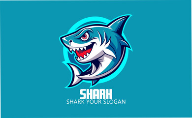 Cute minimalist shark logo, blue shark smiling character mascot icon funny cartoon vector style