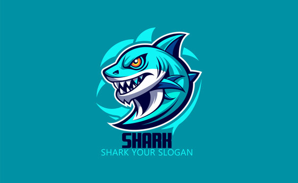 Cute minimalist shark logo, blue shark smiling character mascot icon funny cartoon vector style