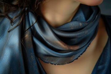 Sophisticated blue scarf with golden details wrapped around a woman's neck.
