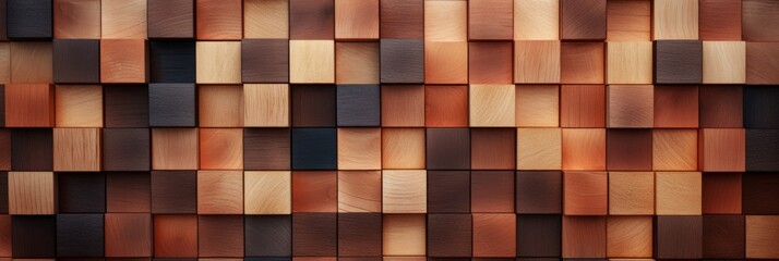 wooden wall background, carved painted wooden blocks. different shades and types of wood. banner, natural backdrop. woodworking products.