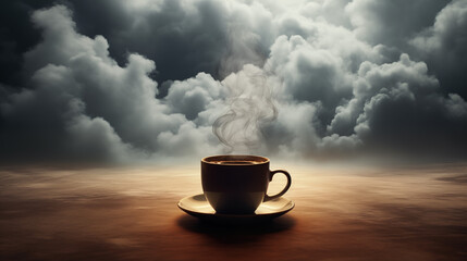 Steaming Coffee Cup with Dramatic Cloudscape