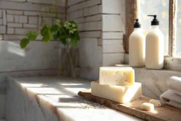 Handcrafted soaps on a wooden board with a backdrop of vintage bathroom bottles.