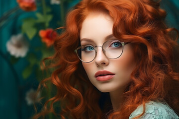 Fototapeta premium Bespectacled curly red-haired girl, stylish female image. optics, vision correction and eye imperfections. portrait, stunningly beautiful young woman with glasses.