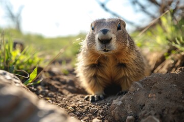 Naklejka na ściany i meble Wide-angle close-up of an inquisitive groundhog in natural habitat.