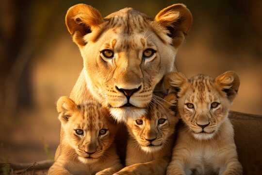 mother lioness with her young ones, little lion cubs, cuddles together. family, motherhood in animals. wildlife.