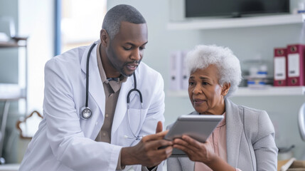 young doctor is showing something on a tablet to an elderly female patient in a clinical setting