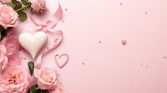 rose flowers and white heart with pink background