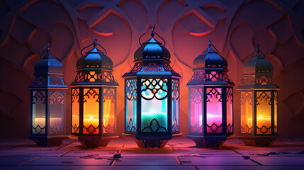 3D illustration of Islamic lantern set against a colorful background. Generative AI