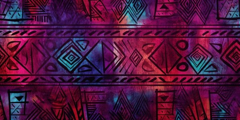 Burgundy, lavender, and sapphire seamless African pattern, tribal motifs grunge texture on textile