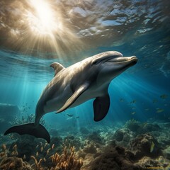 A dolphin swims underwater in the ocean in natural conditions.
