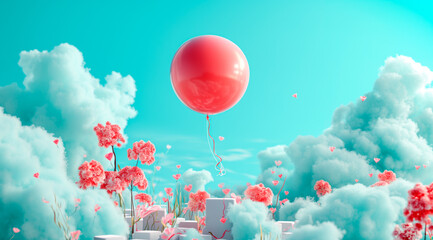 Poster or banner with clouds, hearts, balloons, flowers and presents on pastel blue 3D background for st. Valentine day
