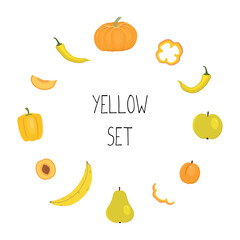 Yellow vegetables, yellow fruit, isolated on white background. Pumpkin, apple, apricot, pear, banana, pepper. Healthy food concept. Vector illustration.