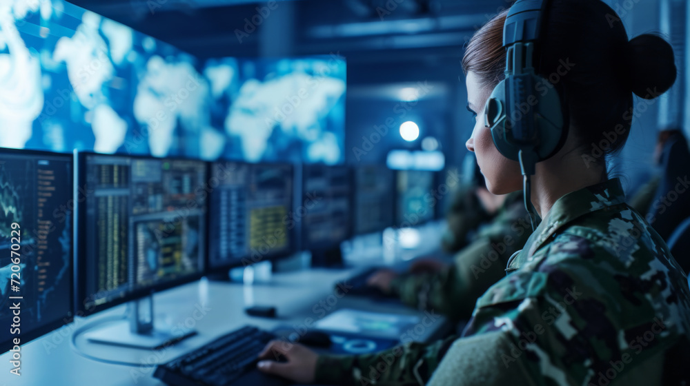 Poster military personnel is focused on monitoring multiple computer screens in a high-tech surveillance ro