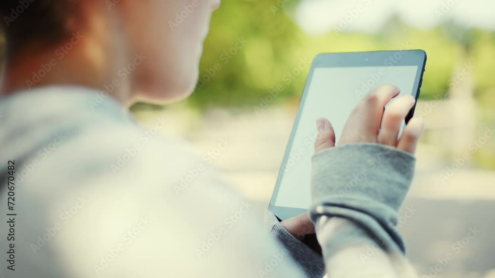 Poster hands, tablet and typing on screen in outdoors, internet connection and scrolling on social media. c