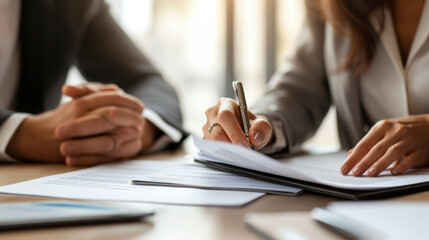 Two individuals engaged in signing a document, which is indicative of a business agreement or contract being formalized.