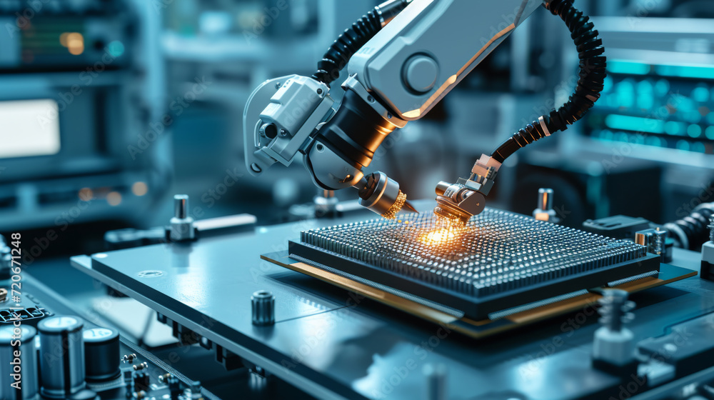 Poster robotic arm is seen installing a processor onto a motherboard