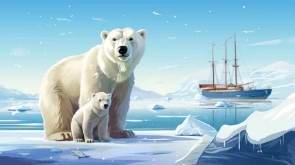Fototapeten A winter scene unfolds in this color image, portraying a polar bear and her cub on ice floes near a ship. © ProPhotos