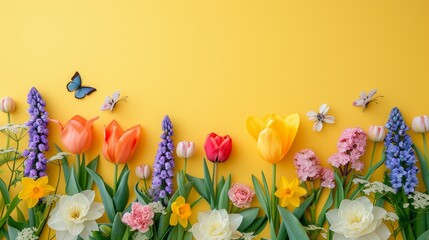 A bunch of vibrant flowers arranged in front of a bright yellow wall.