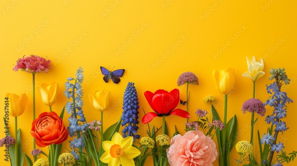 Poster a multitude of colorful flowers is displayed on a bright yellow background.