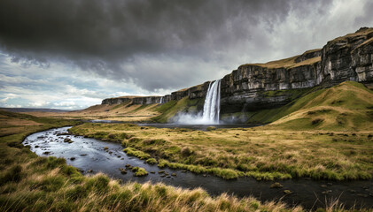 Scenic view of waterfall in Iceland with fall tones . Travel and adventure concept.