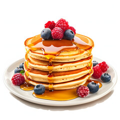 Stack of pancakes with syrup and berries isolated on white background, detailed, png
