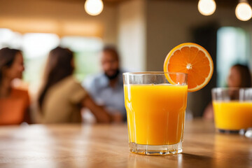 Close up of glass of orange juice on table with family in blurred background