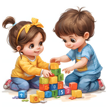 Kids playing with toys isolated on white background, cartoon style, png
