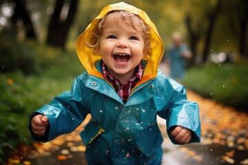 Childhood delight: a toddler, dressed in a colorful raincoat, runs through puddles amid autumn's beauty.