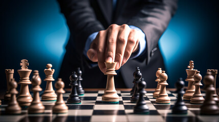 hand of businessman moving chess figure in competition