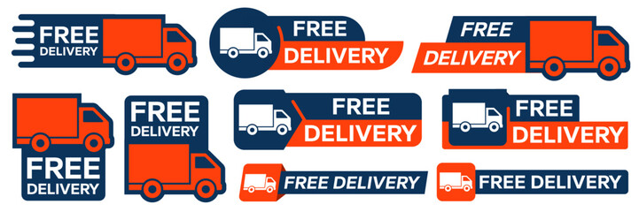 Free delivery shipping icon, home express deliver service vector label with fast car truck. Free shipping delivery badge for mail courier or parcel shipment cargo and food delivery service symbol. © IQ art_Design