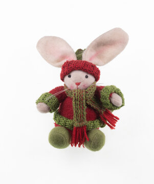 christmas knitted handmade rabbit isolated on white background
