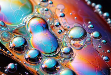 Macro shot capturing vibrant oil drops creating a mesmerizing abstract surface.