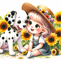 Girl playing with Dalmatian dog, sunflower, kids cartoon illustration, animal background