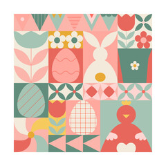 Abstract easter geometric poster, wall art. Cute happy easter vector design with bright bunny, egg, spring tulip.